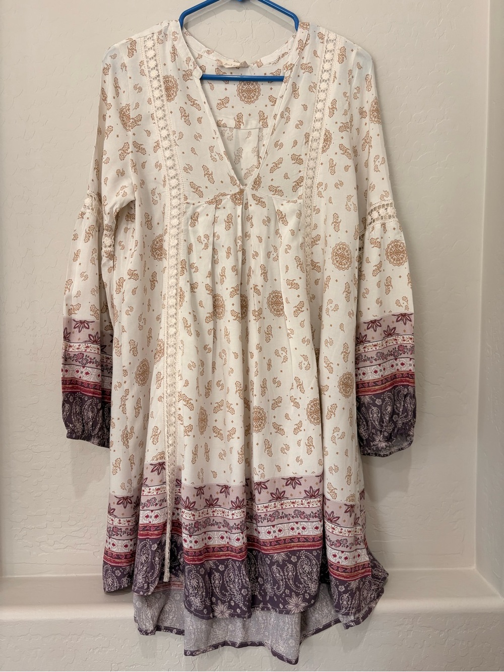 Altar'd State Ivory Boho Tiered Long-Sleeve Dress with Mauve and Plum Border